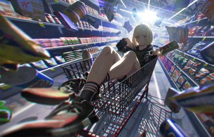 Anime-style original HD desktop wallpaper depicting a girl with short hair sitting inside a supermarket shopping cart surrounded by vibrant shelves and dynamic lighting.