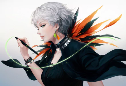 Anime character with white short hair and green eyes, holding a pen. Wearing a black dress with feather accents and colorful earrings. The background is minimalist, creating an HD wallpaper and background style.