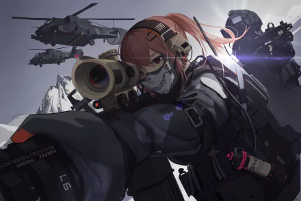 Anime-style military sniper aiming through a scope with helicopters and mountainous terrain in the background, rendered in stunning 4K Ultra HD for PC desktop wallpaper.