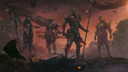 4K Ultra HD Garena Free Fire wallpaper featuring four armored characters standing in a dark, fiery battlefield with a dramatic, smoky sky background.