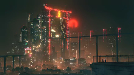 HD wallpaper depicting a cyberpunk cityscape at night, featuring a luminous hologram and futuristic buildings under a glowing red sky.