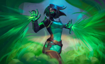 Viper from Valorant unleashes her toxic green venom in a dynamic 4K Ultra HD video game wallpaper showcasing the character’s power and mystique.