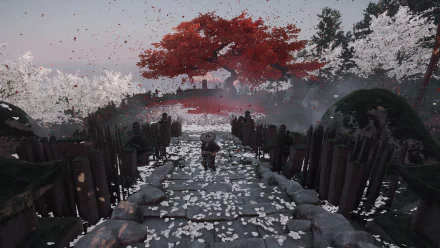 HD PC desktop wallpaper featuring Jin Sakai, the samurai warrior from the video game Ghost of Tsushima, walking on a petal-covered stone path beneath a vibrant red tree.