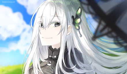 HD anime desktop wallpaper featuring Echidna from Re:Zero – Starting Life in Another World, with her distinctive white hair and gentle expression against a bright sky background.