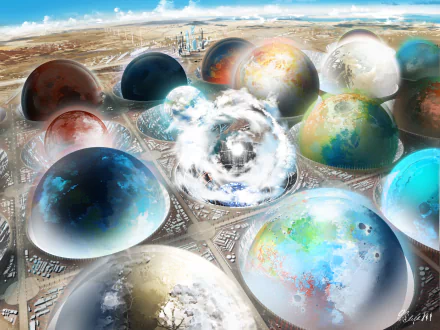 HD PC desktop wallpaper featuring a sci-fi scene with multiple diverse planets enclosed in glass domes, set against a futuristic cityscape under a bright sky.