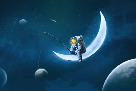 moon fishing Sci Fi astronaut HD Desktop Wallpaper | Background Image