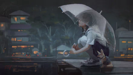 HD anime wallpaper featuring a girl with an umbrella alongside a dog, set against a tranquil nighttime scene with illuminated houses.