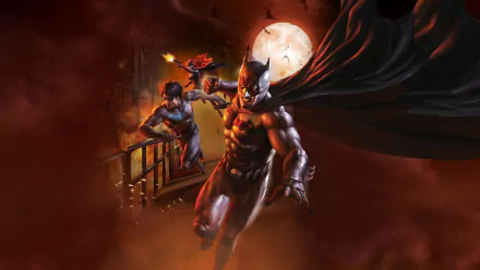 HD desktop wallpaper featuring Batman, Nightwing (Dick Grayson), and Batwoman (Kate Kane) from the DC Comics movie Batman: Bad Blood against a moonlit background.