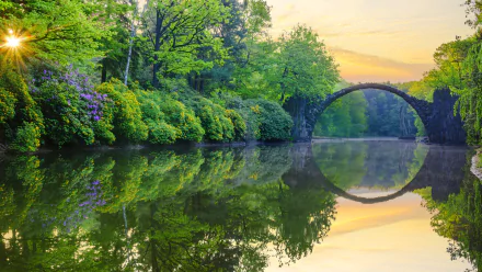 Devil's Bridge, a historic man-made stone arch bridge over a calm river, surrounded by lush greenery in a serene natural setting in Germany, captured in 4K Ultra HD.