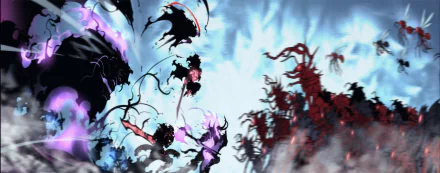 HD anime desktop wallpaper featuring Shadow High Orcs, Igris, Tank, and Tusk from Solo Leveling in an intense, dynamic battle scene.