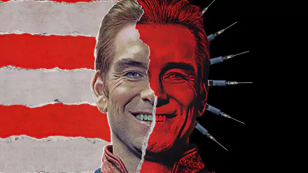 4K Ultra HD wallpaper of Homelander from The Boys (2019) TV show, featuring a split face design with contrasting red and neutral tones.