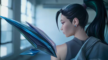 8K Ultra HD wallpaper featuring Kai'Sa from League of Legends’ K/DA in a sleek ponytail, blending K-pop style with a futuristic video game aesthetic.