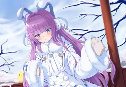 Anime-style HD desktop wallpaper featuring Tashkent from Azur Lane in a snowy setting, wearing a white winter outfit with purple hair and blue eyes.