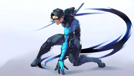 Nightwing (Dick Grayson) in a blue-black suit crouches with escrima stick and sweeping cape trails — DC Comics comic-style 5K Ultra HD PC desktop wallpaper/background.