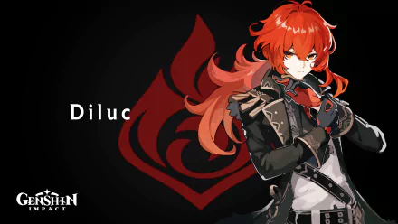 HD wallpaper featuring Diluc from Genshin Impact, with red hair, wearing a dark outfit. The background is black with the game's logo and Diluc's name on the left.
