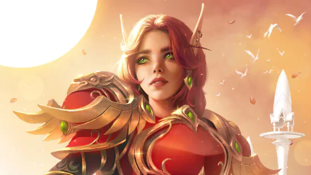 A 4K Ultra HD World of Warcraft elf with green eyes and pointed ears, clad in ornate armor, glowing under a warm, glowing sky.