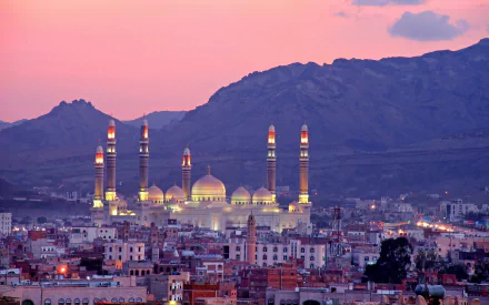 sunset Al Saleh Mosque Yemen panorama building mountain man made Sana'a HD Desktop Wallpaper | Background Image
