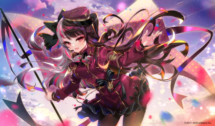 HD PC desktop wallpaper featuring Yorumi Rena, an anime-style Virtual YouTuber from Nijisanji, with vibrant colors and dynamic ribbons in the sky background.