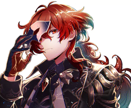 HD desktop wallpaper featuring Diluc from the video game Genshin Impact, showcasing his detailed red hair and intricate costume with a confident expression.
