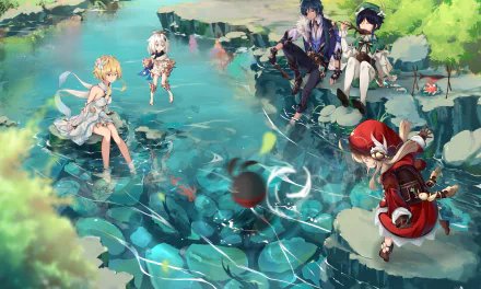 HD wallpaper featuring Kaeya, Venti, Klee, Paimon, and Lumine from Genshin Impact, adventuring together in a serene aquatic setting.