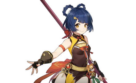 HD PC desktop wallpaper featuring Xiangling from the video game Genshin Impact, showcasing her in a dynamic pose with vibrant colors and detailed character design.