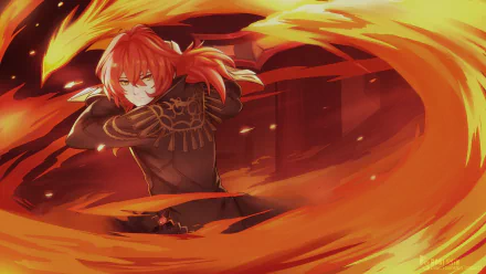 HD desktop wallpaper of Diluc from Genshin Impact, featuring the character wielding fiery energy amidst a blazing background, emphasizing dynamic and intense video game action.