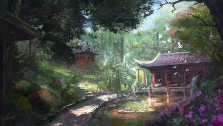 HD PC desktop wallpaper depicting an artistic oriental garden with traditional architecture, lush greenery, and a serene pond bathed in soft natural light.