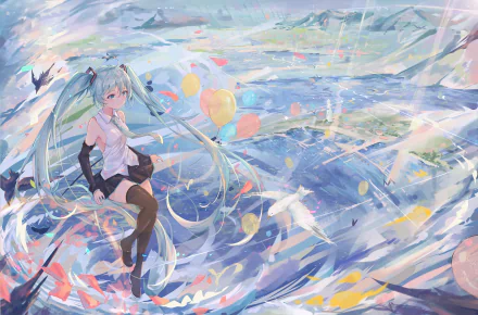 HD desktop wallpaper featuring Hatsune Miku from the Vocaloid series in an anime style, surrounded by a vibrant, dreamy landscape with balloons and birds in the background.