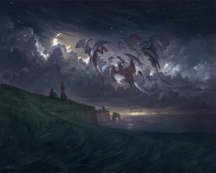 A fantasy HD desktop wallpaper depicting a dramatic coastline under a cloudy night sky, where shadowy dragon shapes emerge from the clouds above the sea.