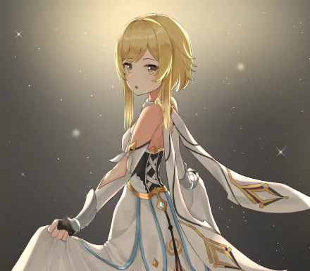 HD desktop wallpaper and background featuring Lumine from the video game Genshin Impact. Lumine is depicted in detailed artwork with a glowing, starry background.
