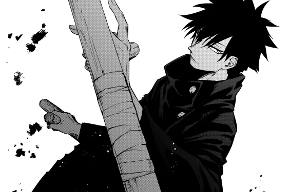 Monochrome 4K Ultra HD PC desktop wallpaper of Megumi Fushiguro from the anime Jujutsu Kaisen, featuring a dynamic pose with sword and ink splatter effects.