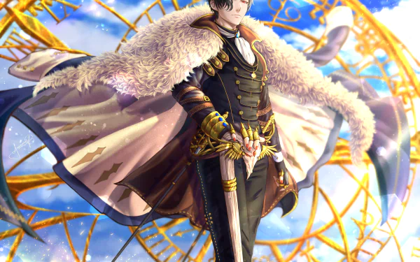 Lucifer (Obey Me! Shall we date) in a regal black uniform with fur-lined cloak and sword before a glowing golden clockwork sky, 2K Quad HD PC desktop wallpaper, video game Obey Me!