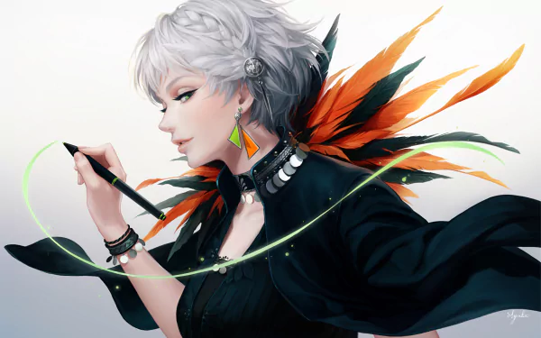 Anime character with white short hair and green eyes, holding a pen. Wearing a black dress with feather accents and colorful earrings. The background is minimalist, creating an HD wallpaper and background style.