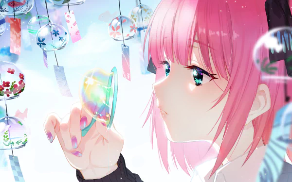 HD PC desktop wallpaper featuring Nino Nakano from the anime The Quintessential Quintuplets, showcasing her pink hair and vibrant, detailed background with glass wind chimes.