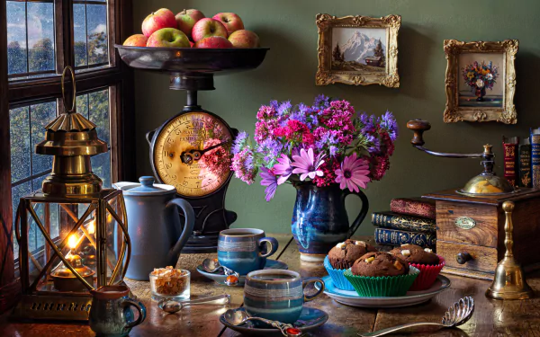 grinder scale coffee apple flower lantern photography still life HD Desktop Wallpaper | Background Image