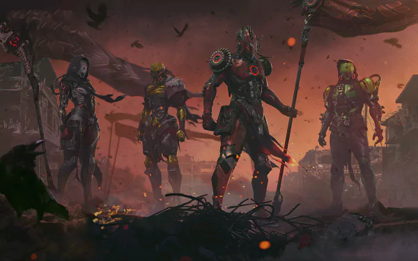 4K Ultra HD Garena Free Fire wallpaper featuring four armored characters standing in a dark, fiery battlefield with a dramatic, smoky sky background.