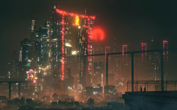 HD wallpaper depicting a cyberpunk cityscape at night, featuring a luminous hologram and futuristic buildings under a glowing red sky.