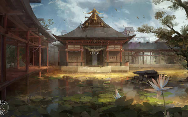 Fantasy-inspired oriental temple surrounded by water lilies under a cloudy sky, rendered in detailed HD for a PC desktop wallpaper.