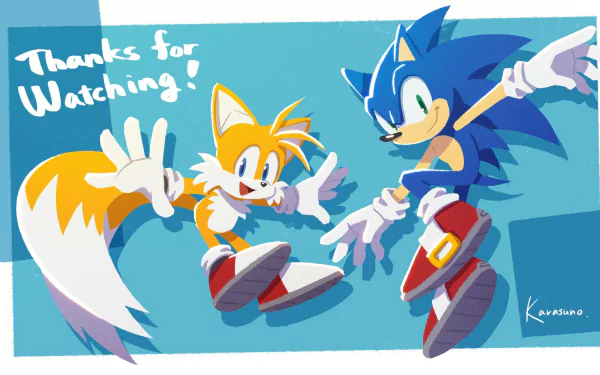 HD PC desktop wallpaper featuring Sonic the Hedgehog and Miles Tails Prower from Sonic Channel, celebrating with a Thanks for Watching! message.