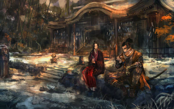 HD PC desktop wallpaper featuring Emma and Sekiro from the video game Sekiro: Shadows Die Twice, set in a detailed, atmospheric Japanese temple scene.