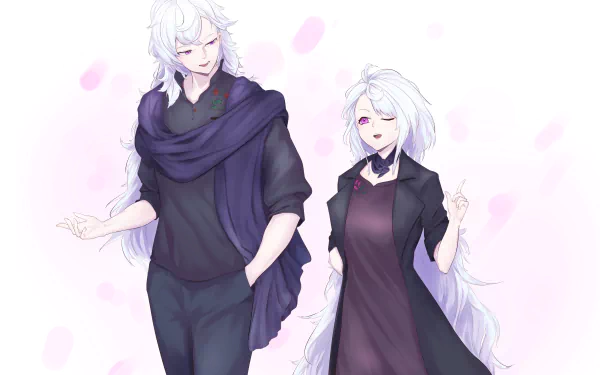 4K Ultra HD PC desktop wallpaper/background featuring Merlin (Fate Series) from Fate/Grand Order: two white‑haired anime figures in dark outfits posed against a soft pink petal backdrop.