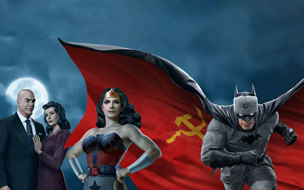 4K Ultra HD wallpaper featuring Batman, Lex Luthor, Lois Lane, and Wonder Woman with a Soviet flag backdrop from the Superman: Red Son movie.