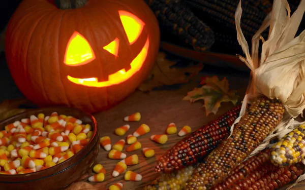 HD desktop wallpaper featuring a glowing carved pumpkin, colorful candy corn, and multicolored ornamental corn evokes a festive Halloween holiday atmosphere.