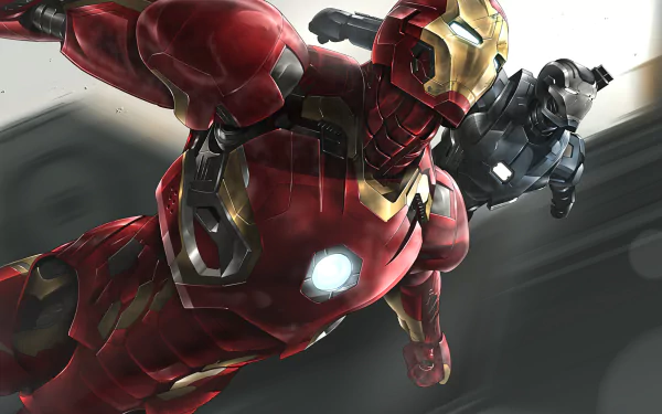 Dynamic 4K Ultra HD comic-style wallpaper featuring Iron Man and War Machine in flight against a dramatic gray background for PC desktop.