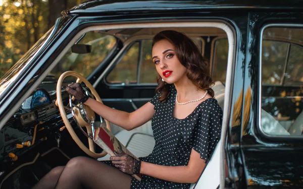 model vintage glove steering wheel retro car woman Girls & Cars HD Desktop Wallpaper | Background Image