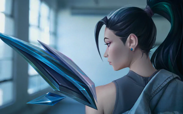 8K Ultra HD wallpaper featuring Kai'Sa from League of Legends’ K/DA in a sleek ponytail, blending K-pop style with a futuristic video game aesthetic.