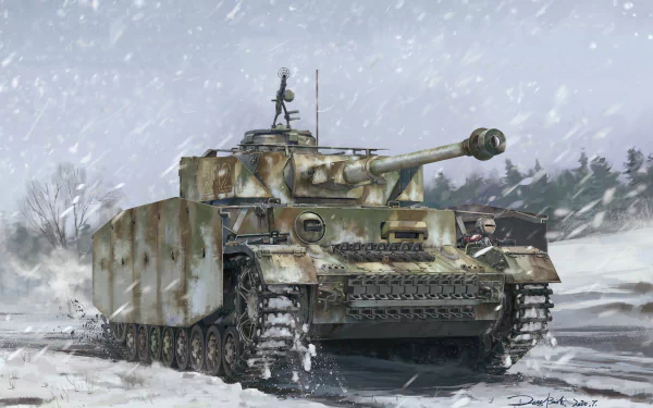 HD PC desktop wallpaper and background: camouflaged Panzer IV tank in a winter military scene, heavy snow and pine trees as it advances across a snowy road.