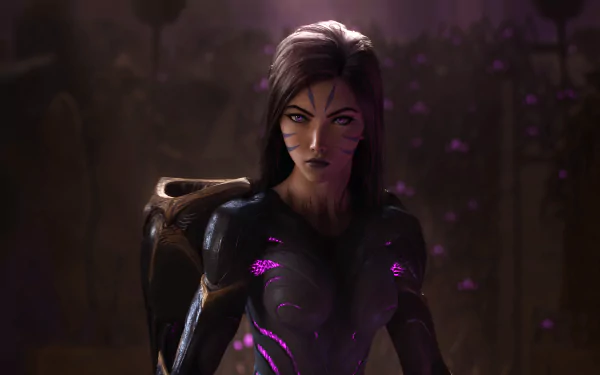 8K Ultra HD wallpaper featuring Kai'Sa from League of Legends with glowing purple eyes, set in a dark, atmospheric video game environment.
