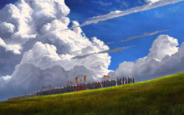 HD desktop wallpaper featuring a fantasy scene with a group of knights and warriors standing on a grassy field under majestic, billowing clouds.