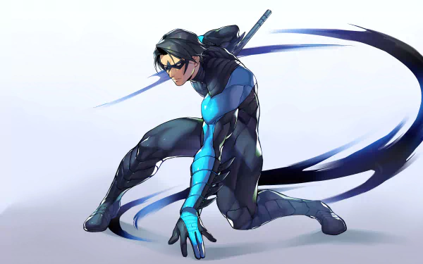 Nightwing (Dick Grayson) in a blue-black suit crouches with escrima stick and sweeping cape trails — DC Comics comic-style 5K Ultra HD PC desktop wallpaper/background.